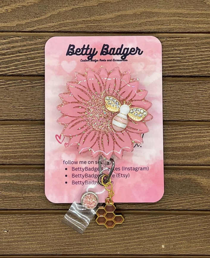 Pink Sunflower Bee Honeycomb Badge Reel